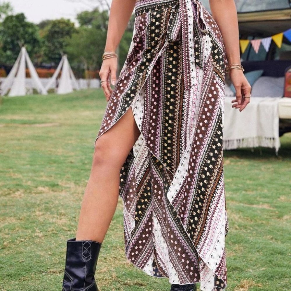 Brown Tribal Boho Ditsy Floral Print Knot Side Wrap Skirt - Picture 3 of 5